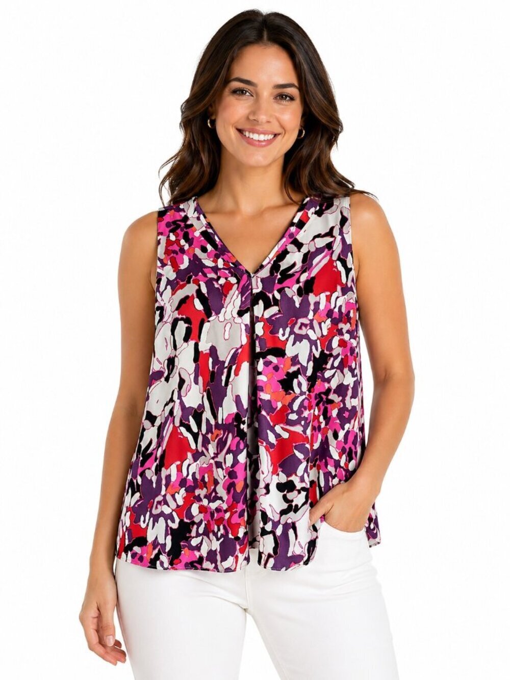Classiques Entier Red Pink Purple Abstract Silk V-Neck Sleeveless Top
